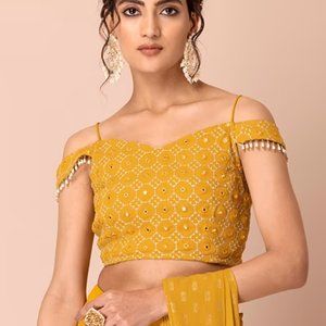 Mustard Embroidered Tasselled Off Shoulder Crop Top